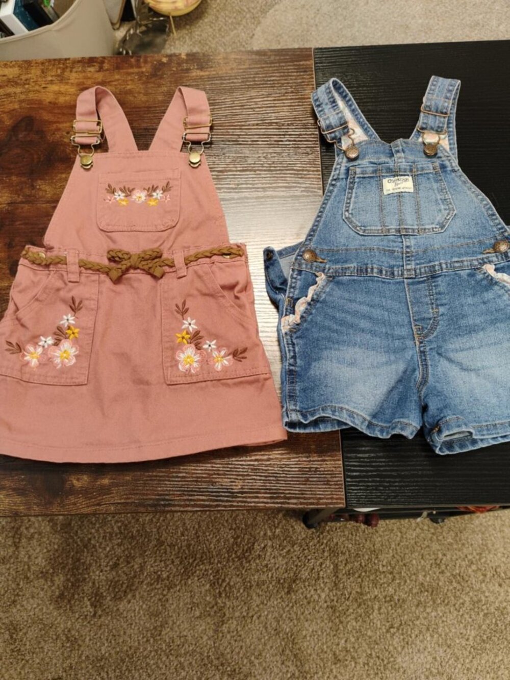 Girls 2T Overall Bundle OshKosh Denim + Floral Dress + Small Plush Bunny